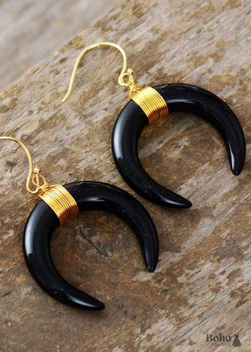 Pendientes bohemios, pendientes colgantes, cuerno de buey, concha, media luna de ónix blanco y negro